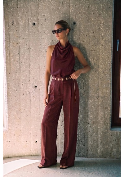 Sateen Yüksek Bel Aura Pantolon Bordo