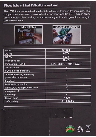 Ut123t Cep Ölçüm Cihazı, 600 V Ac/dc, -40 C-300 C/-40 F-572 F Çok Renkli