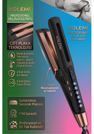 Volemı V-0102 Siyah Profesyonel Saç Maşası Color Care, 5x Renk Koruma, Keratin Yağlı Seramik Kaplama Dij