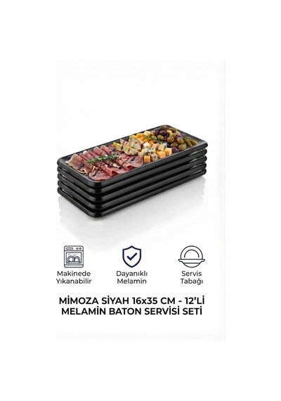 12 Adet 16x35 Cm Melamin Baton Servis Sunum Tabağı Makinede Yıkanabilir Dikdörtgen Mimoza Siyah