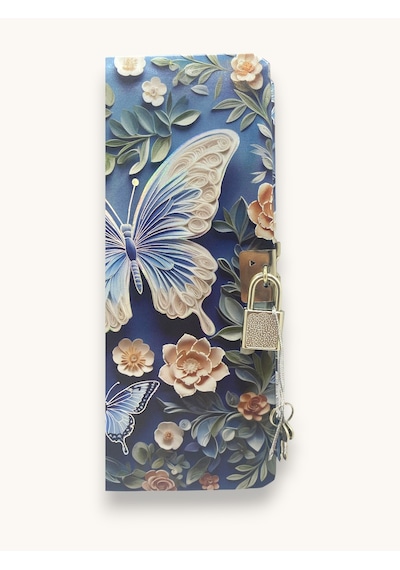 Mavi Büyük Kelebek 3d Görünümlü Hatıra Defteri Günlük Kilitli Defter 80 Yaprak