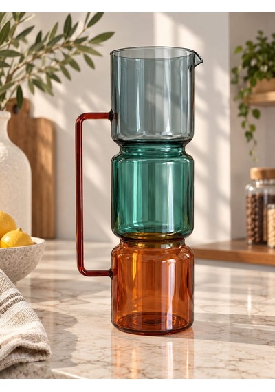Morponi Otantik Desenli Cam Layers Trio Sürahi 1600 Ml 3 Adet Bardak Seti