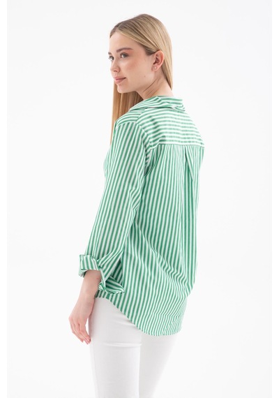 Fashion Friends Oversize Kadın Çizgili Gömlek Yeşil