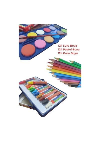 12li Sulu Boya -12li Pastel Boya-12li Kuru Boya Öğrenci Resim Seti Çok Renkli