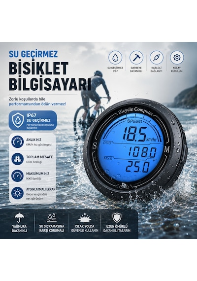 Triline Bisiklet Bilgisayarı Km Saati Hız Ve Mesafe Ölçer Su Geçirmez Ledli Lcd Ekranlı Kablolu Siyah