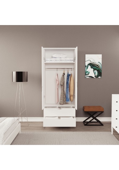 Moderno Mini 2 Kapaklı 2 Çekmeceli Gardırop Kompakt Tasarım, Modern Görünüm Beyaz