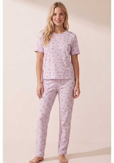 Siyah İnci Pamuklu Fitilli Kaşkorse Örme Pijama Takım 26120402 Lila Kedi