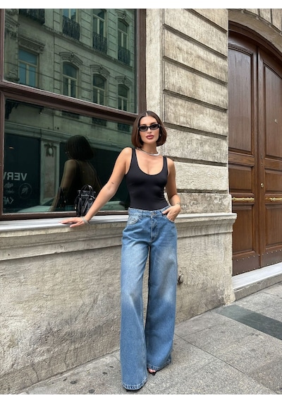 Kene Jeans Kadın Mavi Tintli İşlemli Çift Köprülü Bol Paça Kot Pantolon Mavi
