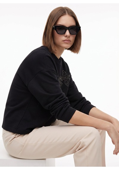 Fabrika Siyah Kadın Bisiklet Yaka Loose Fit Desenli Sweatshirt F6wl-swt0132