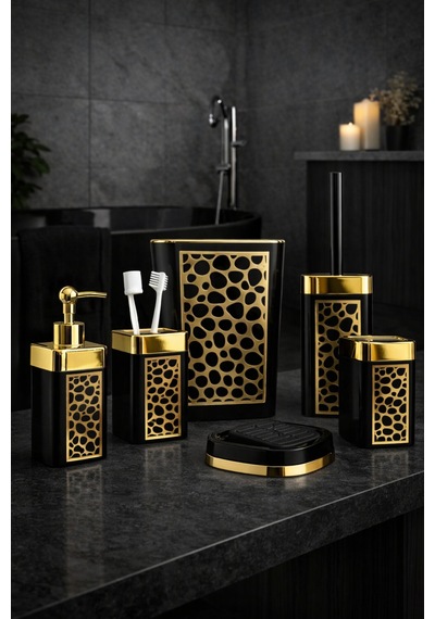 Arvale Pleksi Gold Detaylı 5 Li Banyo Aksesuar Seti Siyah