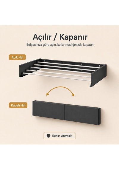 Çamaşır Kurutma Askılığı Katlanır Duvara Monte Balkon Banyo Askılık Duvar Tipi Yer Tasarruflu Çamaşırlık 70 Cm Belize Antrasit