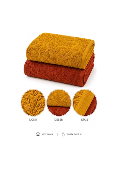 2'li Jakarlı Büyük Boy Banyo Havlusu 90x150 Cm Lorea 650 Gr Kiremit-hardal