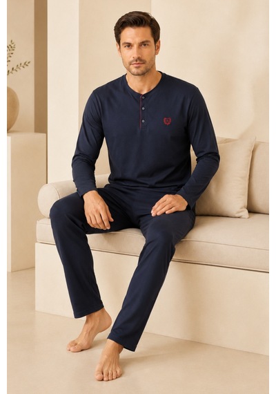 Loule Erkek Lacivert %100 Pamuk Penye Uzun Kollu Pijama Takımı