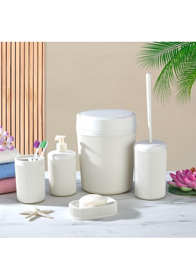 5 Parça Lüx Plastik Banyo Seti - Çöp Kovalı, Diş Fırçalıklı, Sıvı Ve Katı Sabunluk Antibakteriyel Fırça - Krem- 000 Açık Krem