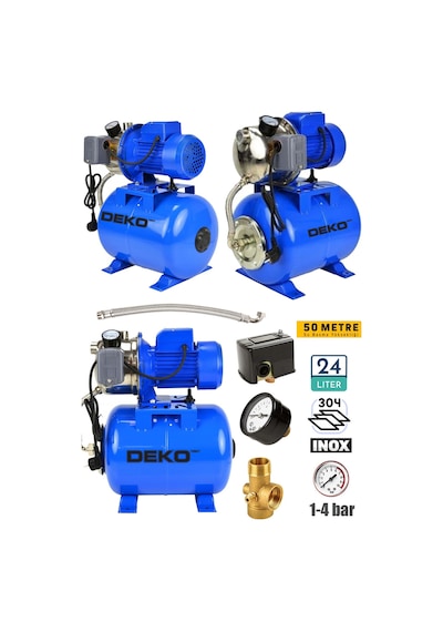 Deko Dke24p 1.5 Hp Paslanmaz Jet Pompalı Su Pompası + 24lt Yatay Küre Tank Seti Otomatik Hidrofor