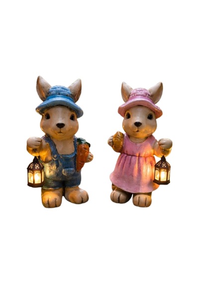 Led Fenerli Sevimli Tavşan Biblo Seti Bahçe & Balkon Işıklı Polyester Tavşan Figür 2 Li Set