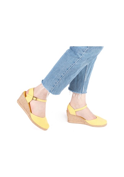 Star Tombis Gerçek Elişi Topuğu Açık Bilekten Bantlı Dolgu Topuk Keten Hasır Kadın Espadril Handmade Açık Sarı