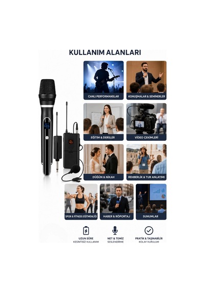 Glr Wn-07 Profesyonel 3 Lü Kablosuz Mikrofon Sistemi Uhf Yaka Ve El Mikrofonlu