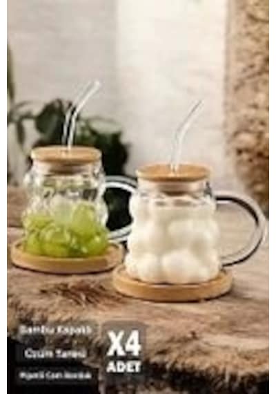4'lü Bambu Kapaklı Boncuk Üzüm Tanesi Bardak 350ml Isıya Dayanıklı Cam Pipetli Kahve Sunum Bej
