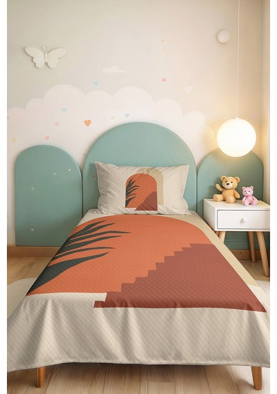 Boho Geometrik Kiremit Genç Odası Tek Kişilik Pike Takımı - Bej Antrasit 160x220 Cm Yatak Örtüsü Keten Tarlası Eşiği