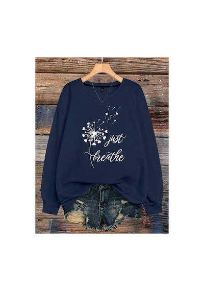 Herkesemoda Yazı Baskılı 2 İplik Şardonlu Bisiklet Yaka Sweatshirt Lacivert