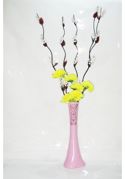 60 Cm Pembe Desenli Uzun Vazo 5 Adet Beyaz Üzüm 6 Sarı Ortanca