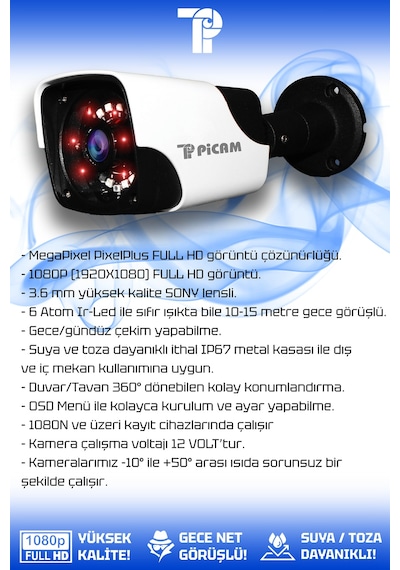 Picam 8 Kameralı Panda 4 İç Kamera Set 250 GB HDD Full HD Gece Görüşlü Güvenlik Kamerası Sistemi
