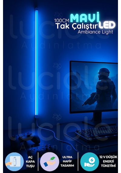 Mood Light Serisi 100 Cm Mavi Led Bar Işık Aç Kapa Anahtarlı Tak Çalıştır Aydınlatma