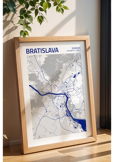 Bratislava Slovakya Haritası Çerçeveli Tablo Lüks Salon Ofis Duvar Dekorasyonu Hediyelik Tablo Kayın