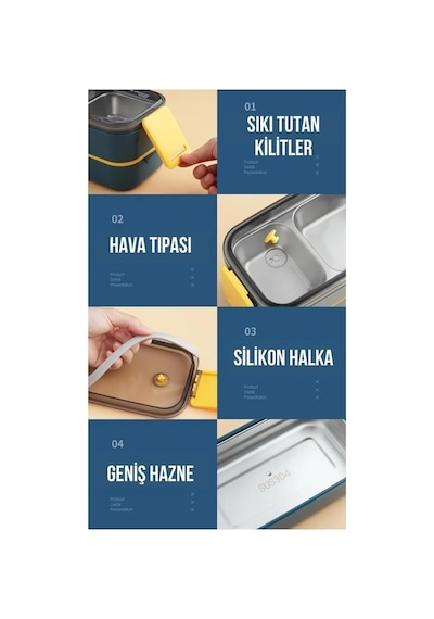 Vagonlife Bento 1400ml Lunchbox İki Katlı 2 Bölmeli Çelik Sefer Tası Yemek Kutusu Lacivert-sarı Diğer