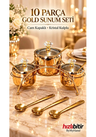 Bymyhand Gold Renk Paslanmaz Çelik Cam Kapaklı Kristal Kulplu 10 Parça Sunum Seti Tuzluk & Karabib