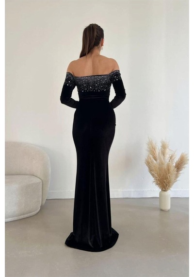 DefyModa Kadın Özel Tasarım Esnek Kadife Kumaş Yırtmaçlı Uzun Kollu Abiye Elbise Siyah