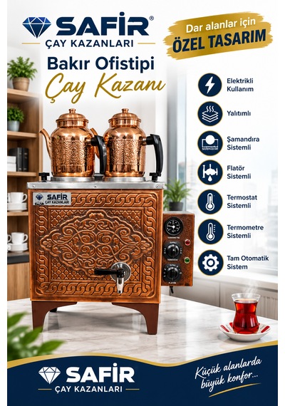 2 Gözlü Ofistipi Bakır Çay Kazanı Sadece Elektrikli Bakır Çay Ocağı Kazanı Hanzade Model Ofistipi Bakır Çay Kazanı