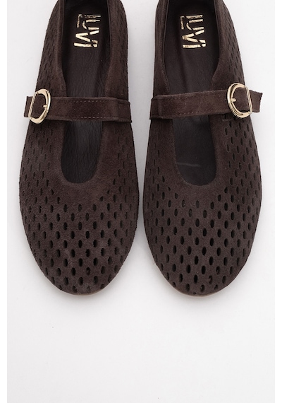 Luvishoes Arian Kahverengi Süet Hakiki Deri Delikli Kadın Babet Ayakkabı Kahverengi