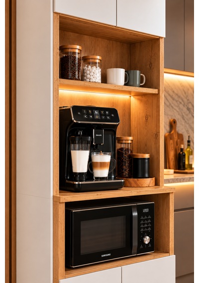 Kahve Köşesi Dolabı Modern Led Aydınlatmalı Raflı Mutfak Rafı Dolabı Atlantik Çam