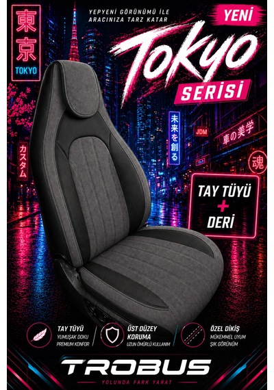 Fiat Albea 2002-2012 Bel Destekli Tay Tüyü Koltuk Kılıfı Tokyo Serisi Füme Siyah