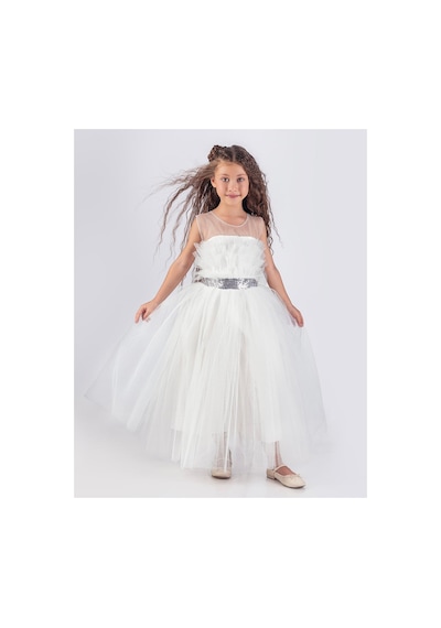 Mnk Baby & Kids Sapes Model Sırt Gipeli Tüllü Kız Çocuk Askılı Saten Abiye Mnk0618 Beyaz