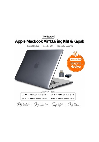 Macbook Air 13.6 İnç M2 M3 M4 M5 Uyumlu Sert Kılıf Ultra Şeffaf Hard Case A2681 A3113 A3240 A3449 Tam Uyum İnce Hafif Koruma Siyah
