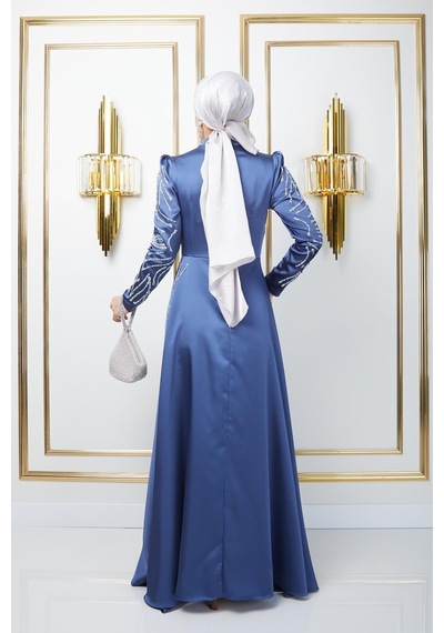 Olcay Önü Ve Kolları Pul Ve Taş Detaylı Saten Abiye Elbise K. İndigo 1660