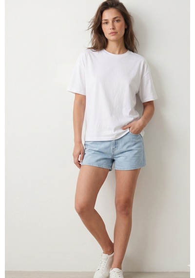 Elemge Pamuk Süprem Kadın Boxy Fit Beyaz T-shirt Bol Kesim Düşük Omuzlu Bisiklet Yaka Oversize Tişört