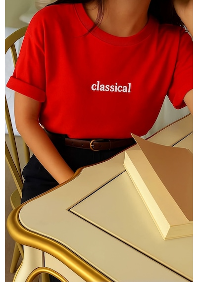 Classıcal Baskılı Oversize Unisex Tişört Kirmizi