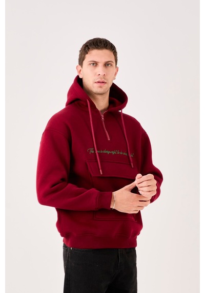 X-4005 Kapüşonlu Yarım Fermuarlı Sweat Bordo
