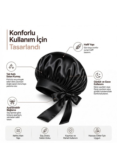 Ayarlanabilir Saç Bakım Bonesi İpek Saten Uyku Bonesi Tek Katlı Bandana Siyah