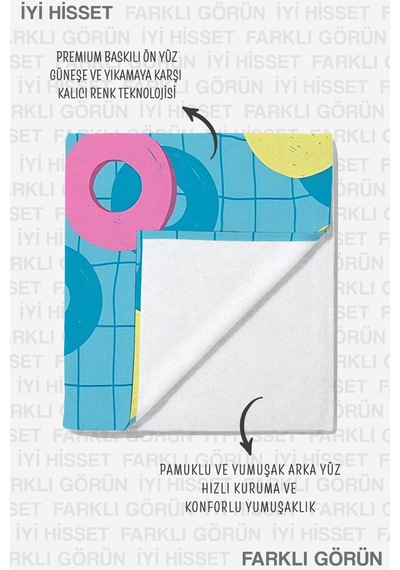 Halka Simit Desenli Mavi Plaj Havlusu - Tropikal Modern Pembe Sarı Havuz Deniz Banyo Sahil Örtüsü Çiy Zeytin