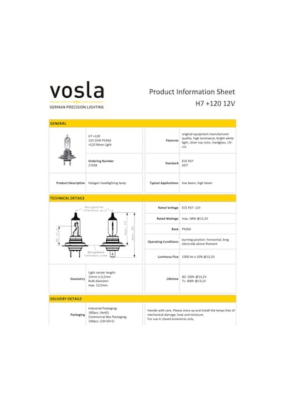 Vosla 12v H7 Ampul 55w +120 Fazla Işık Px26d Vs27438 2 Li