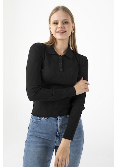 Giysa Kadın Polo Yaka Düğme Detaylı Fitilli Triko Body Siyah - 25k 2057 Siyah