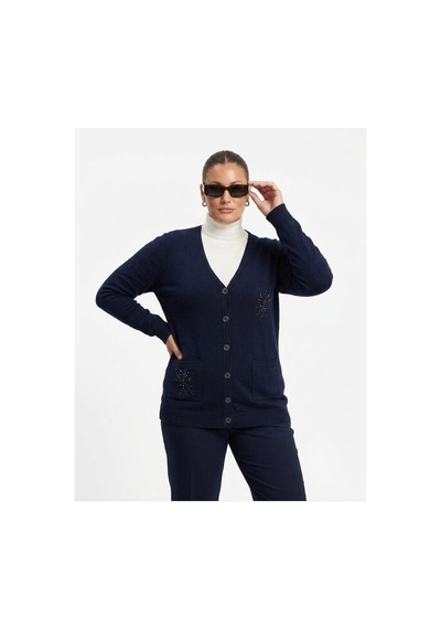 Onno Style Women Çelik Örgü Taş Aksesuarlı Klasik Triko Ceket Lacivert