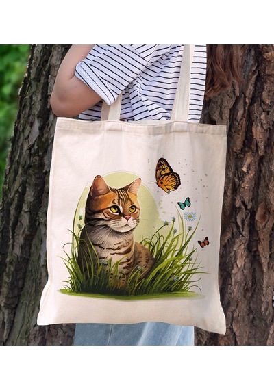 Bk Gift Kedi Tasarımlı Kanvas Bez Çanta, Baskılı Omuz Çantası, Alışveriş Çantası, Plaj Çantası, Arkadaşa Hediye-8 Sarı