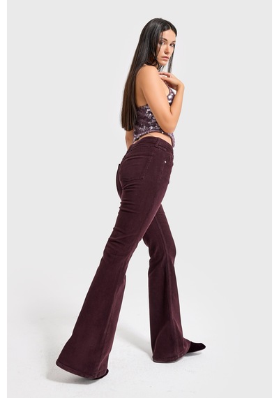 Itsbasic Kadın Koyu Bordo 29w5-153 Flare Fit Esnek İnce Fitilli Velvet Kadife Kumaş Pantolon