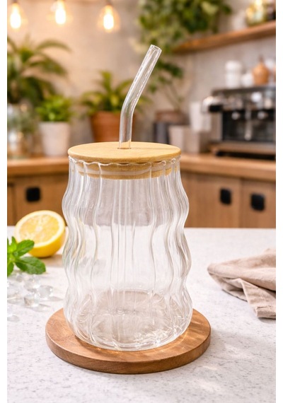 Linea Wave Bambu Kapaklı Cam Pipetli Bardak 450 Ml Dalga Desenli Şeffaf